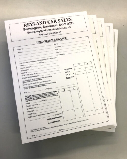 Used Vehicle Invoice Pads A4 - Carbonless (NCR) - Personalised