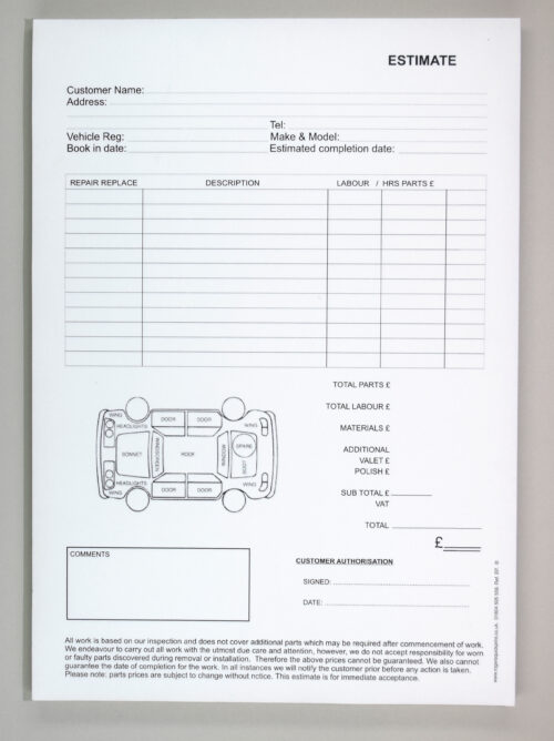Vehicle Bodywork Repair Estimate Pad A4 - Carbonless (NCR) - Standard