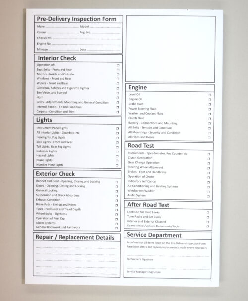 16. Motor Vehicle Pre Delivery Inspection Form Pads - Carbonless (NCR)