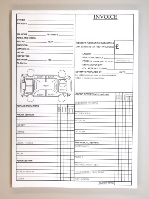 Vehicle Body Repair Invoice Pad A4 - Carbonless (NCR) - Standard